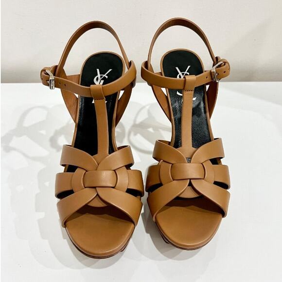 Yves Saint Laurent Tribute Leather Ankle Strap Platform Sandals Matte Brown 36.5 - Picture 1 of 5